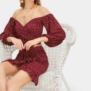 Polka Dot Off Shoulder Bishop Sleeve Top and Ruffle Wrap Mini Skirt Set